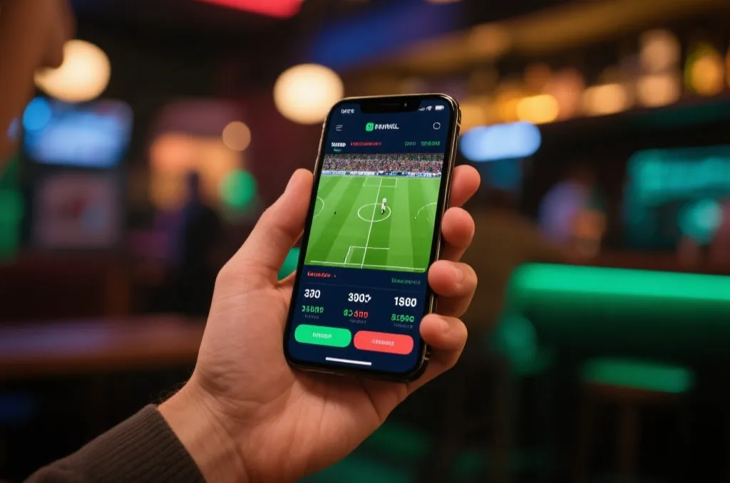 A close-up of a hand holding a modern smartphone in a sports bar, showing active football match statistics on the screen