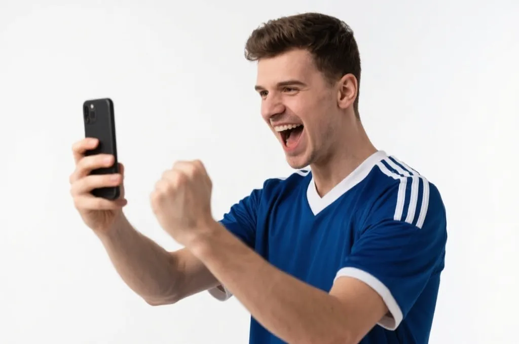 A sports fan passionately looking at a smartphone screen, showing excitement, clean background